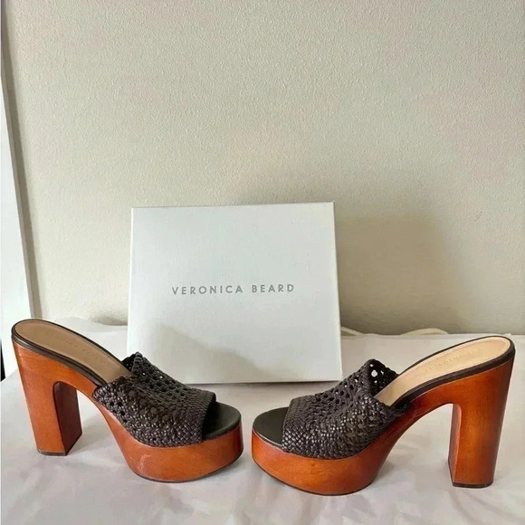 NWB Veronica Beard Guadalupe Leather Wood Chunky Braided Platform Sandal Heel 9 - Picture 4 of 8